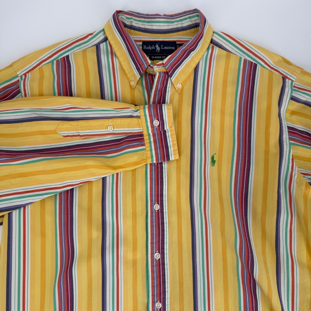 Ralph Lauren Mens XL Classic Fit Yellow Striped Button Down Shirt Preppy Office